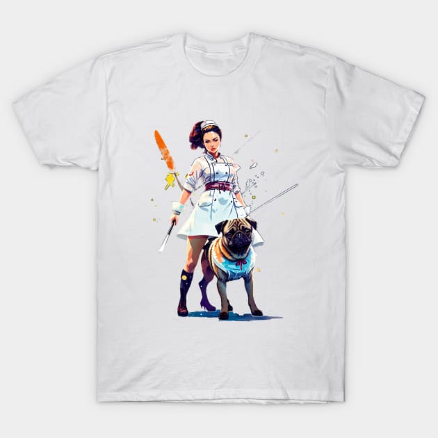 The Brave Nurse and Loyal Pug: Fighting for Justice T-Shirt by fur-niche